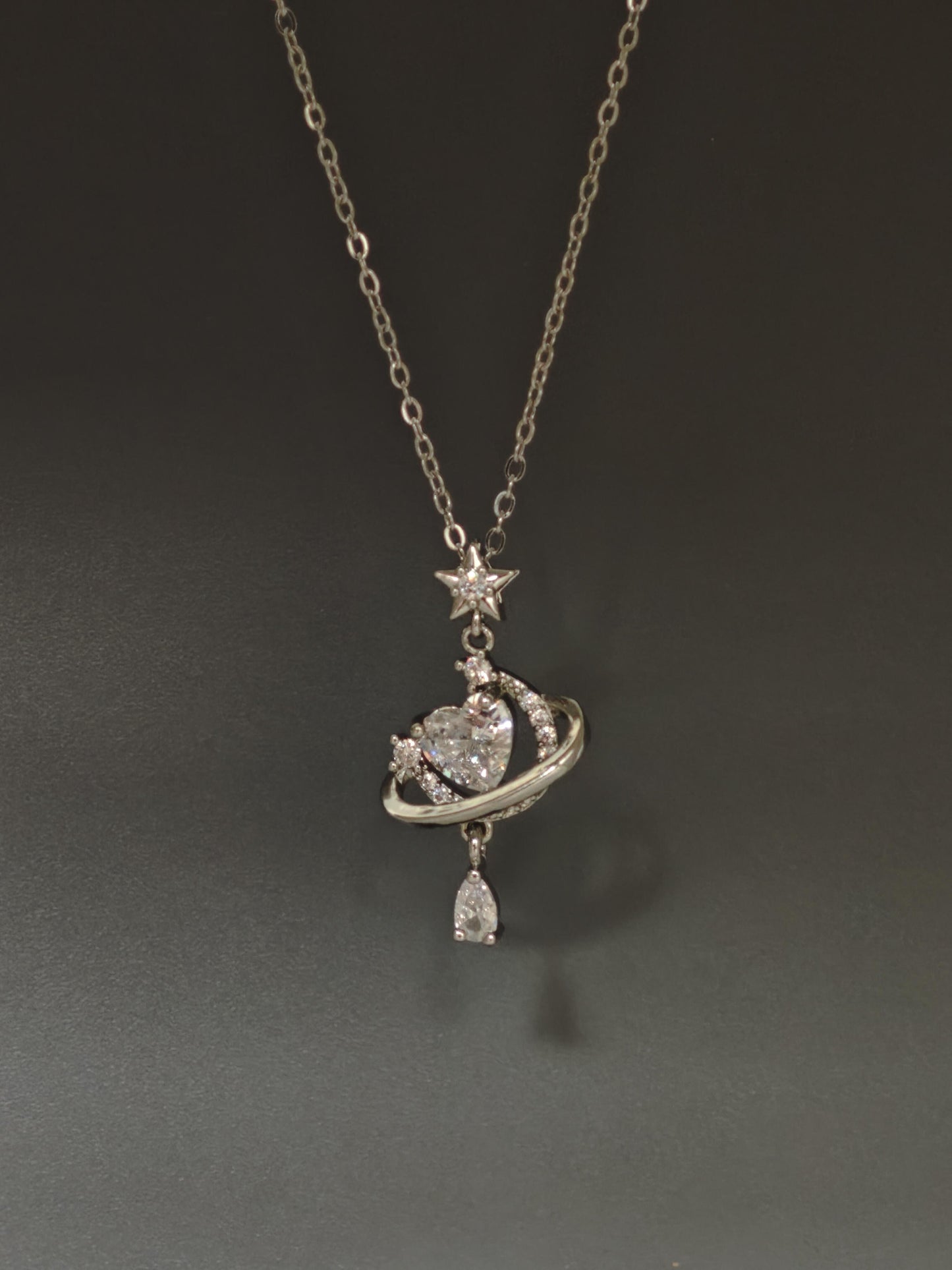 Silver Crystal Heart Planet Necklace