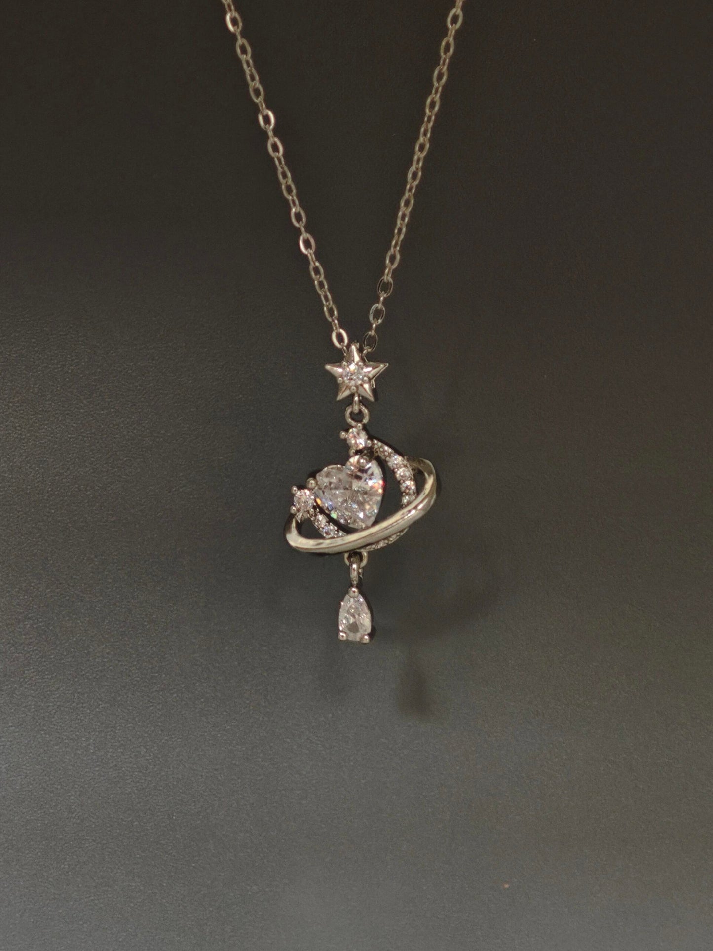 Silver Crystal Heart Planet Necklace