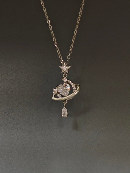 Silver Crystal Heart Planet Necklace