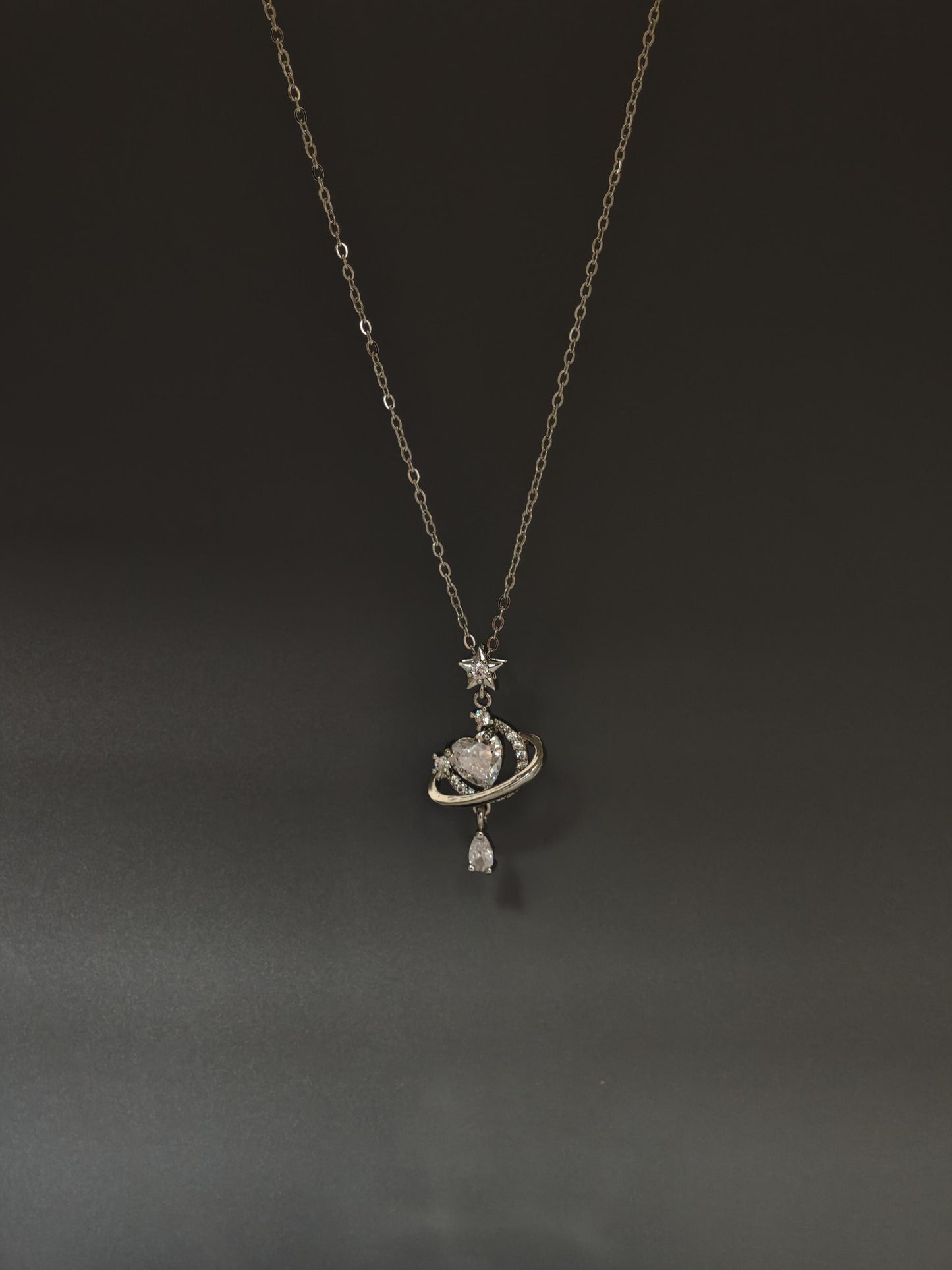 Silver Crystal Heart Planet Necklace