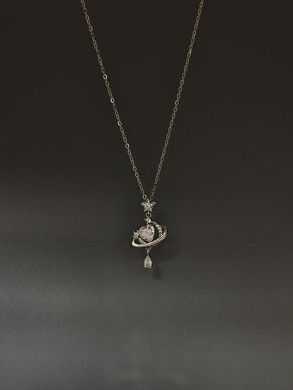 Silver Crystal Heart Planet Necklace