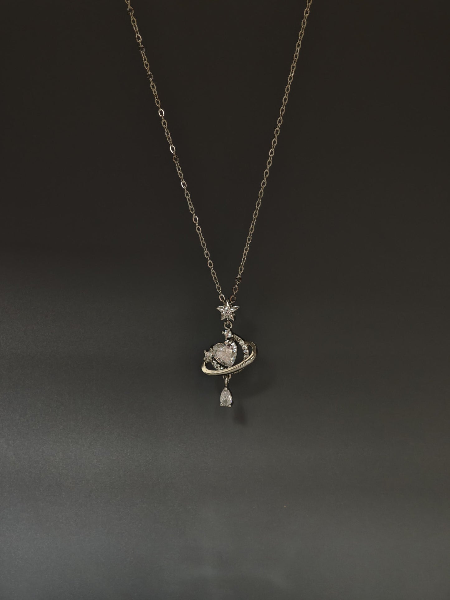 Silver Crystal Heart Planet Necklace