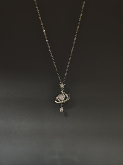 Silver Crystal Heart Planet Necklace