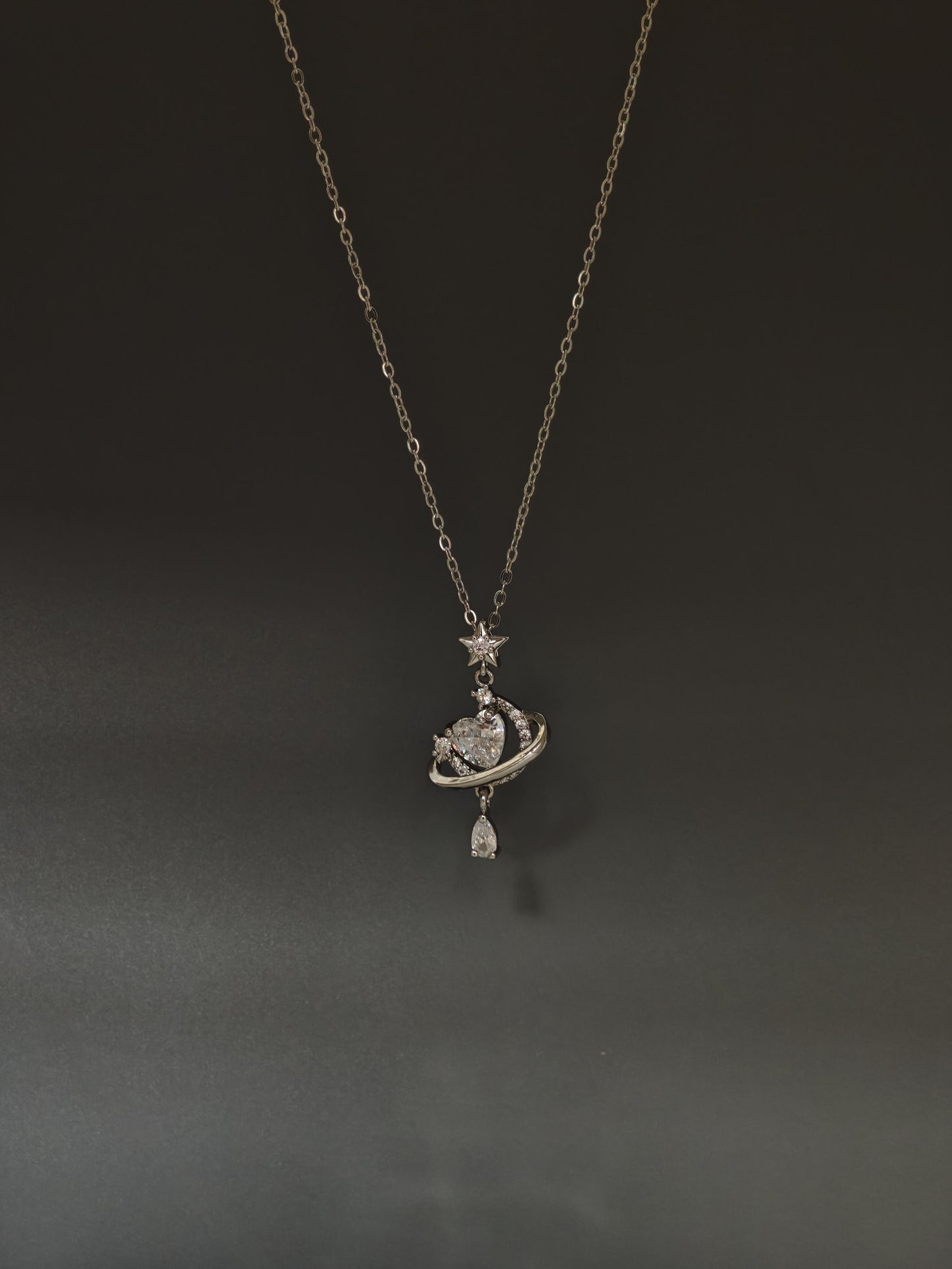 Silver Crystal Heart Planet Necklace