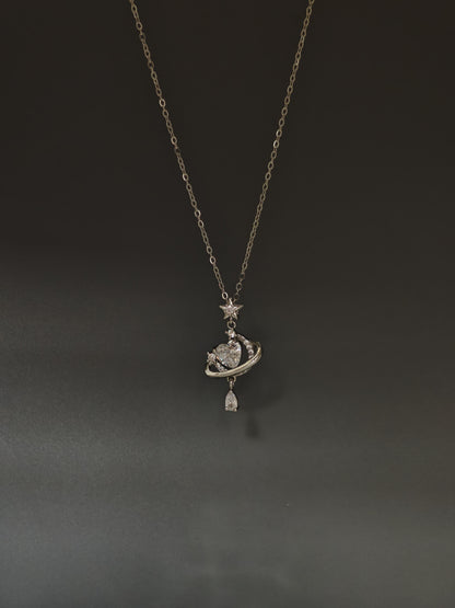 Silver Crystal Heart Planet Necklace