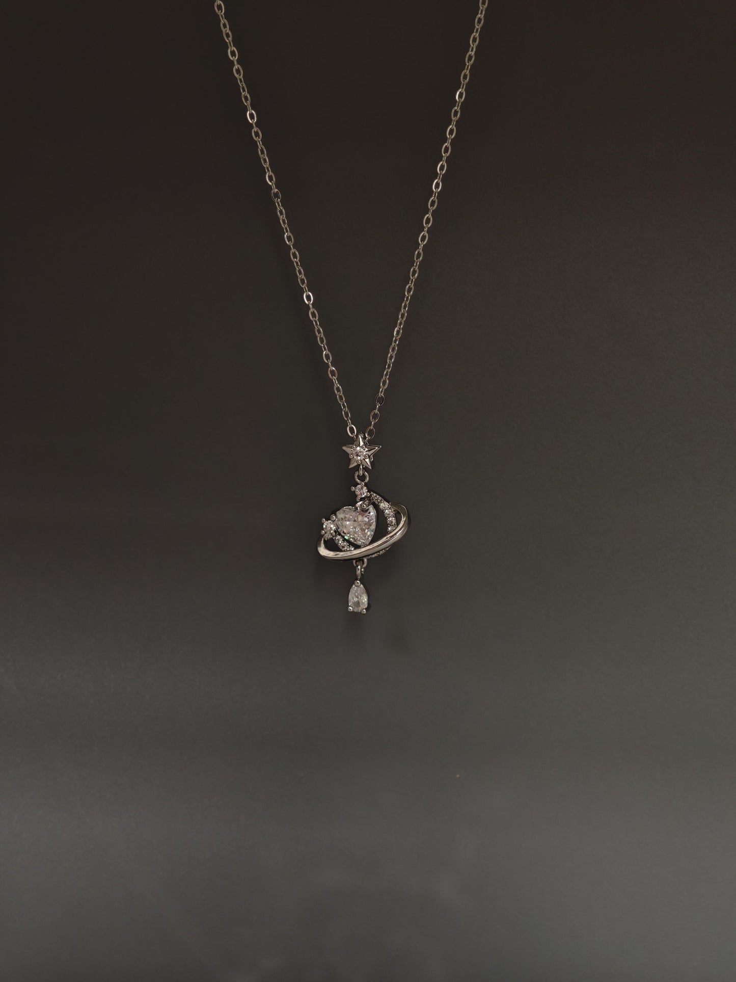 Silver Crystal Heart Planet Necklace