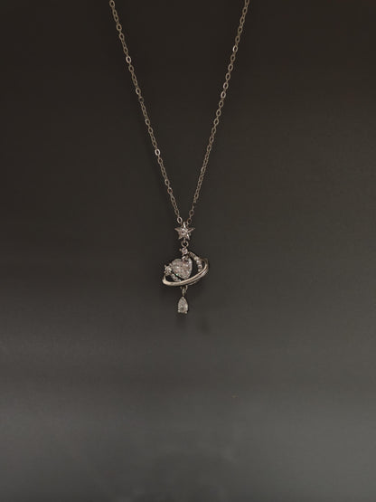 Silver Crystal Heart Planet Necklace
