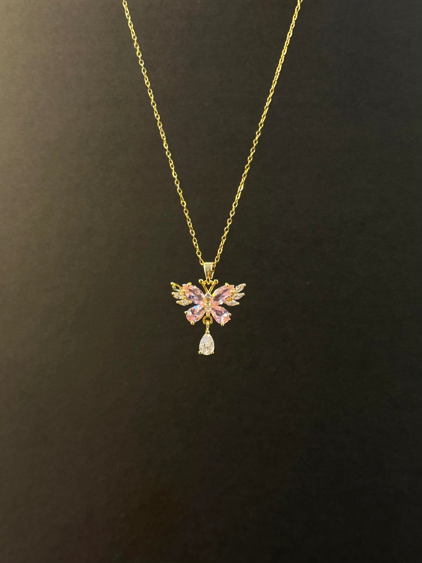 Crystal Butterfly Teardrop Gold  Necklace