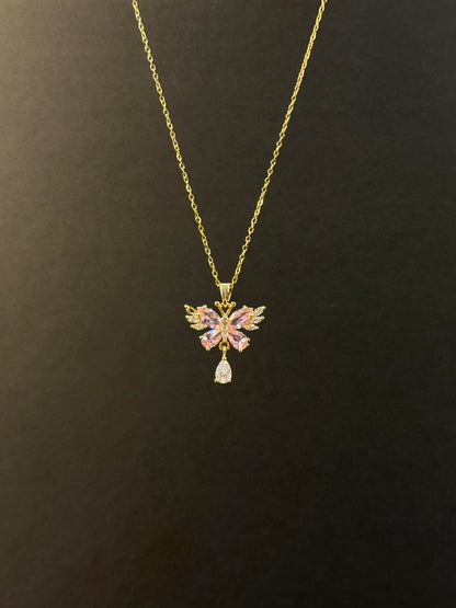 Crystal Butterfly Teardrop Gold  Necklace