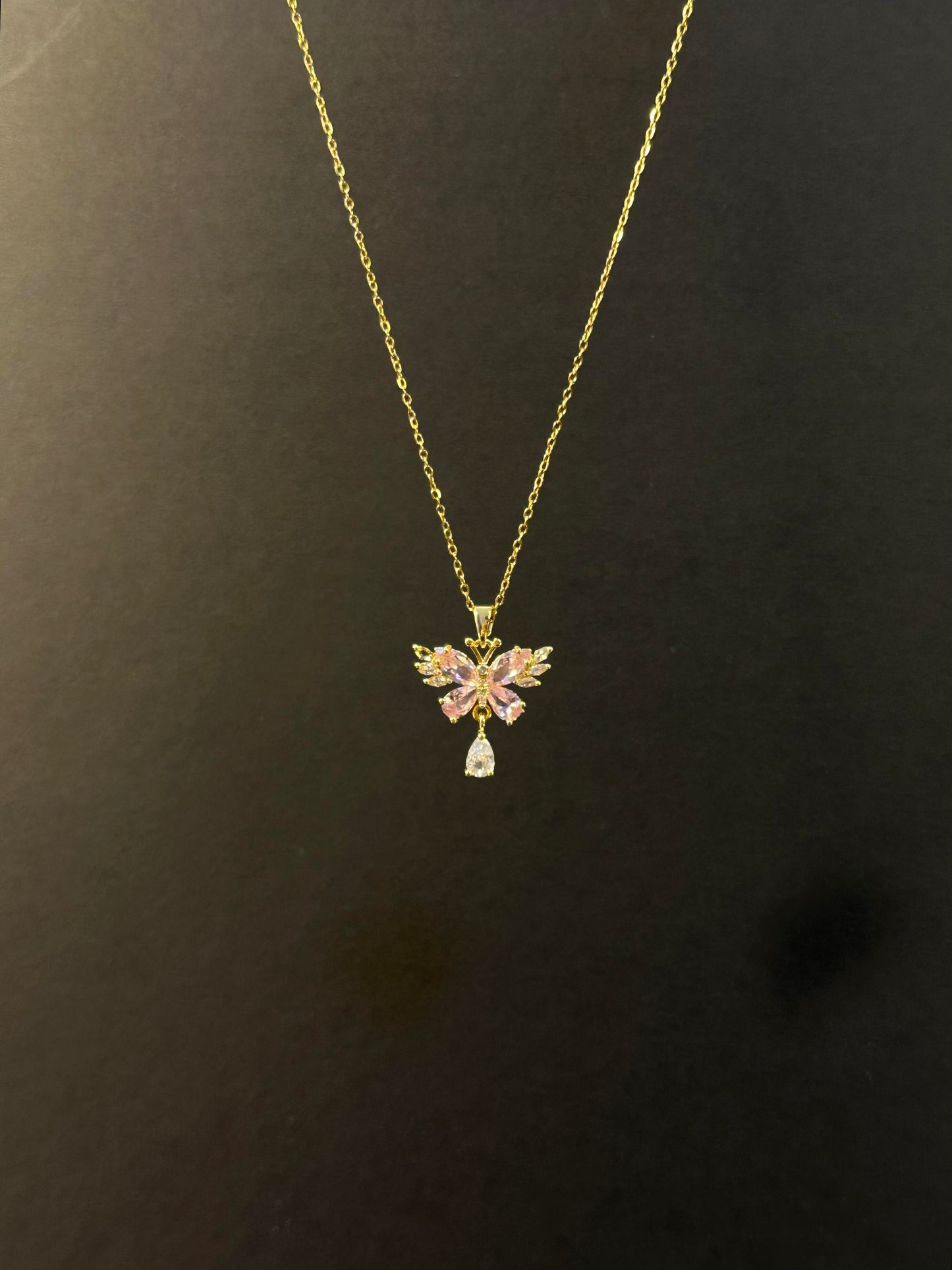 Crystal Butterfly Teardrop Gold  Necklace