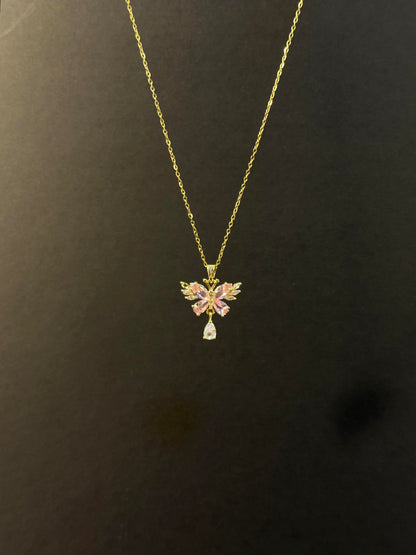 Crystal Butterfly Teardrop Gold  Necklace