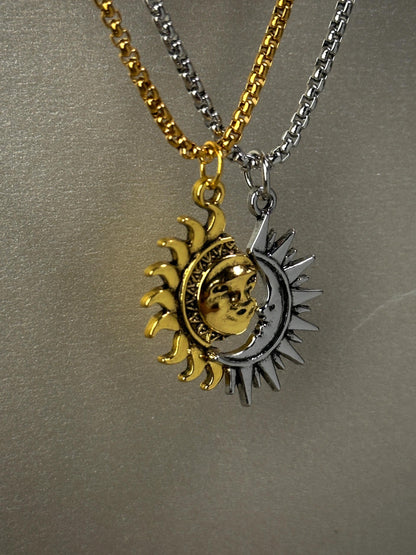 Detailed Sun and Moon Matching Necklace
