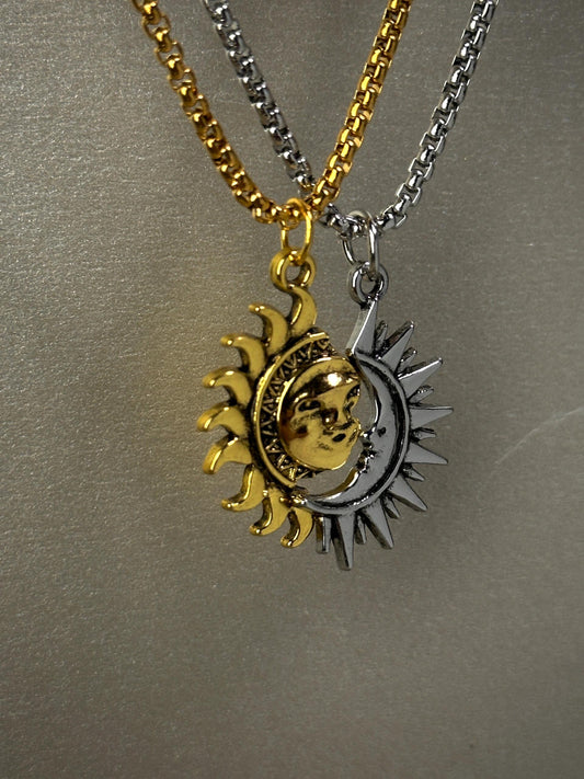 Detailed Sun and Moon Matching Necklace