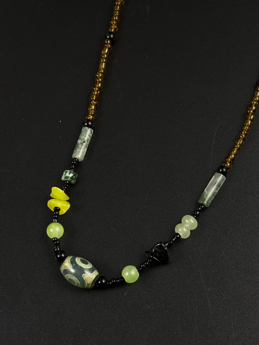 Beaded Green Dzi Agate Necklace
