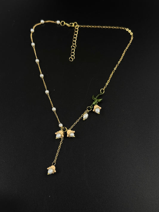 Golden Pearl Lily of the Valley Drop Necklace