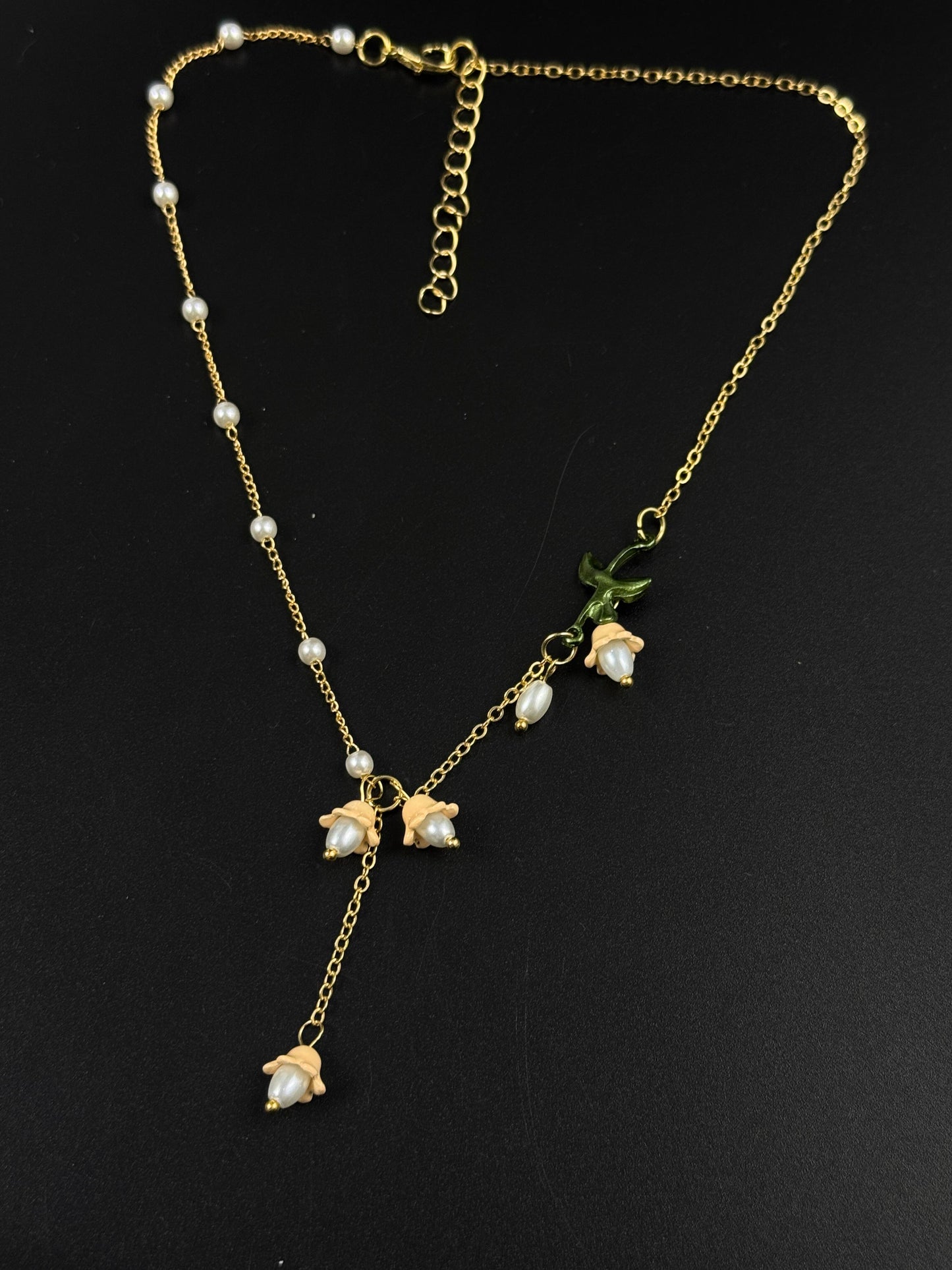 Golden Pearl Lily of the Valley Drop Necklace