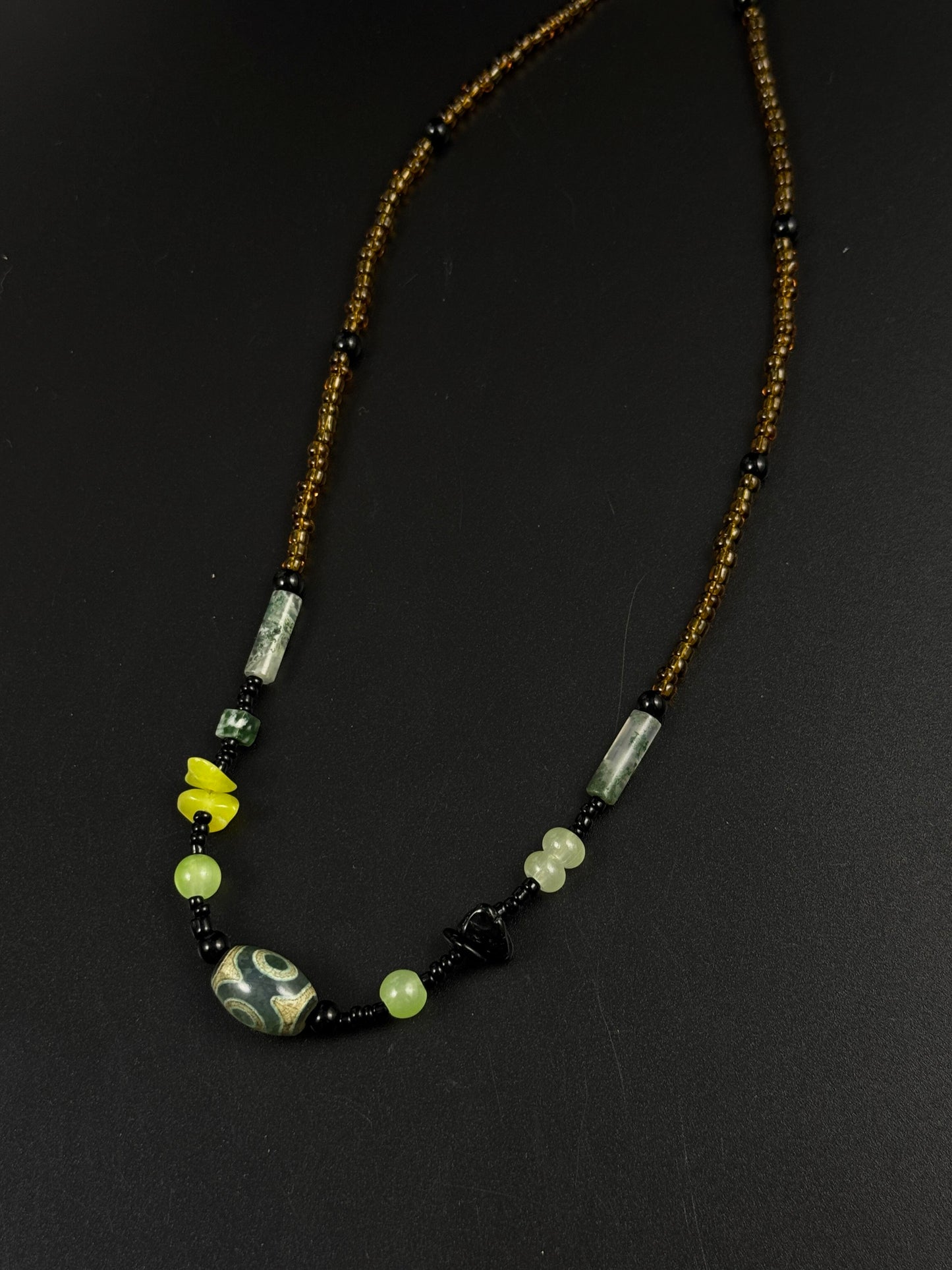 Beaded Green Dzi Agate Necklace