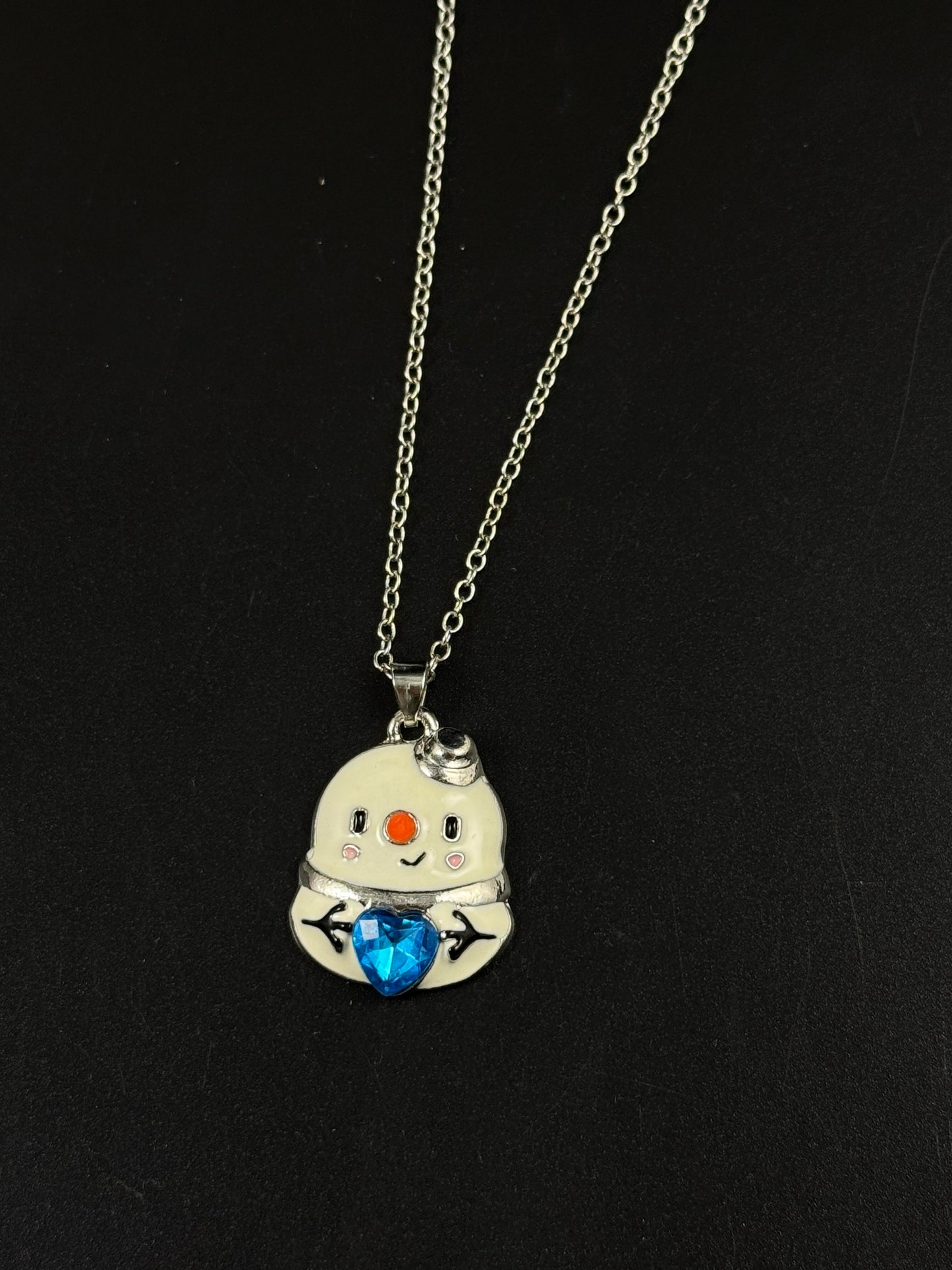Silver Snowman Blue Heart Necklace