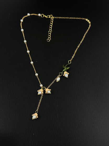 Golden Pearl Lily of the Valley Drop Necklace