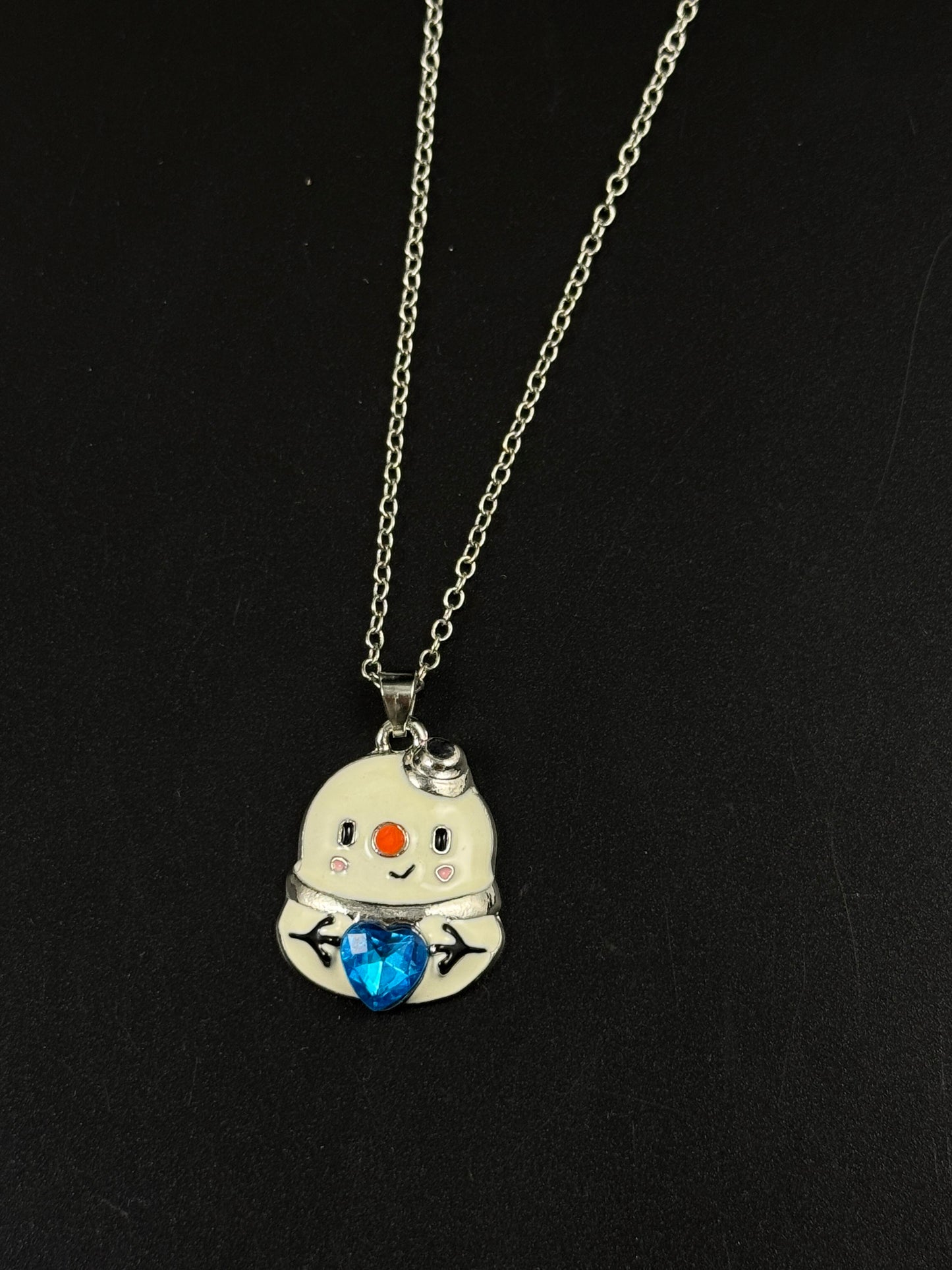 Silver Snowman Blue Heart Necklace