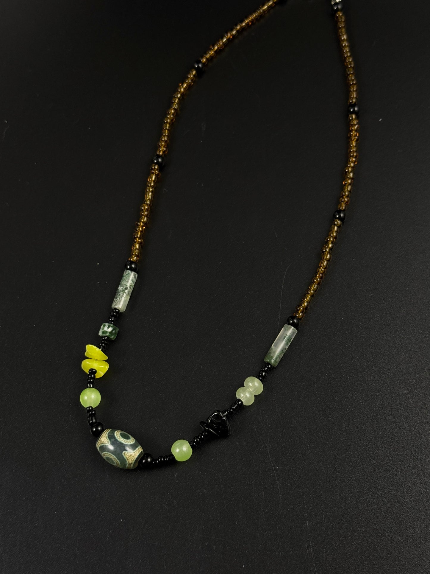 Beaded Green Dzi Agate Necklace