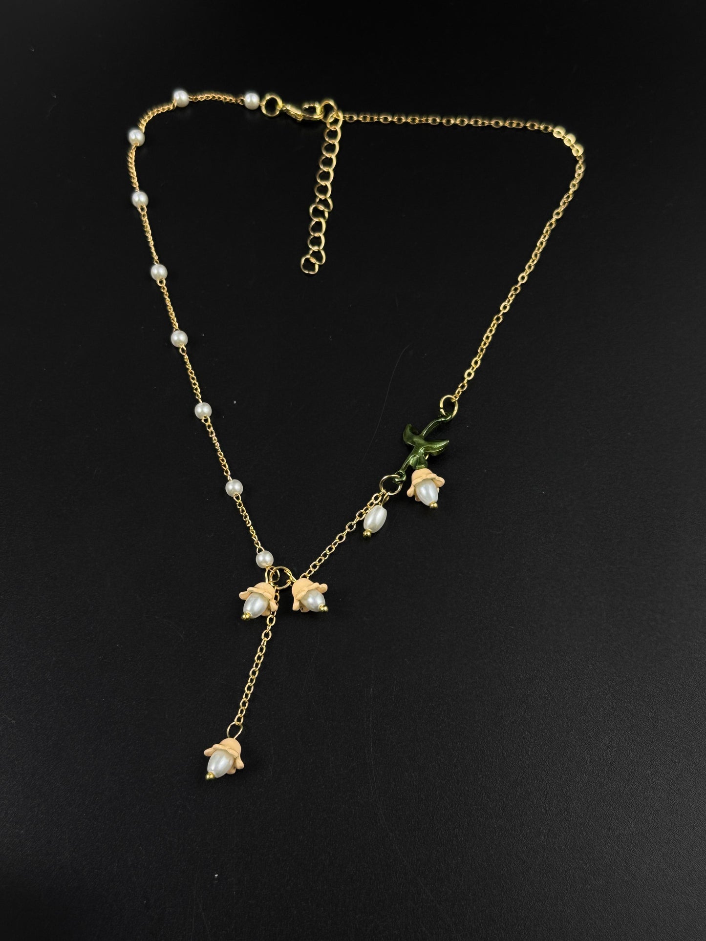 Golden Pearl Lily of the Valley Drop Necklace