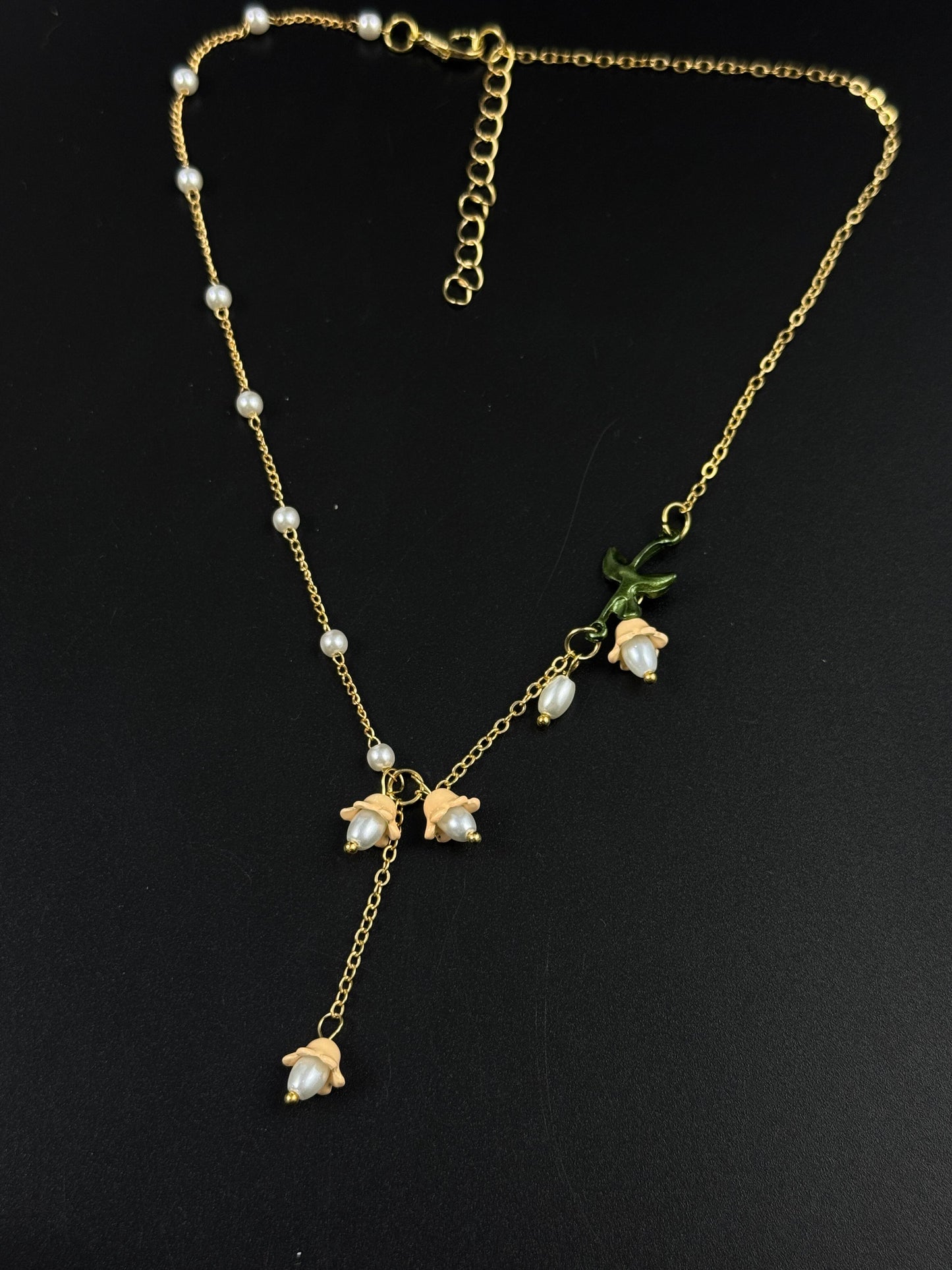 Golden Pearl Lily of the Valley Drop Necklace