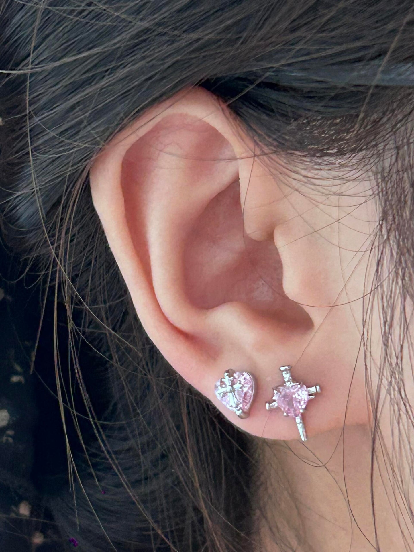 Pink Heart Cross Mismatched Stud Earrings