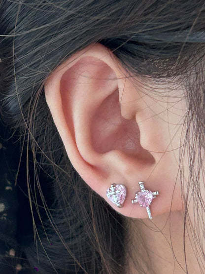 Pink Heart Cross Mismatched Stud Earrings