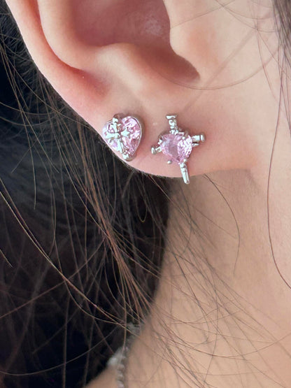 Pink Heart Cross Mismatched Stud Earrings