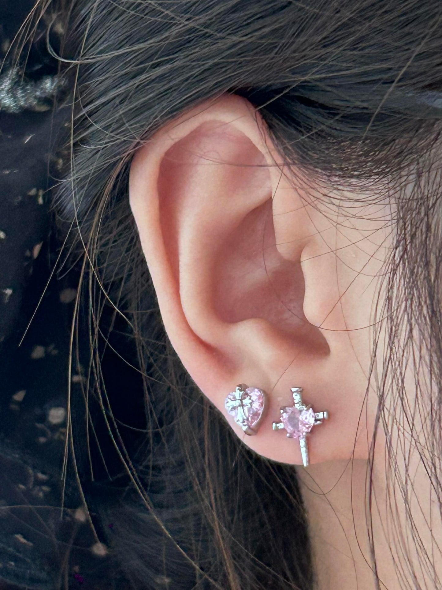 Pink Heart Cross Mismatched Stud Earrings
