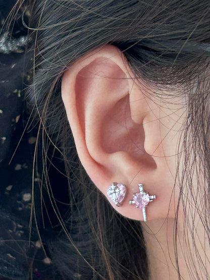 Pink Heart Cross Mismatched Stud Earrings