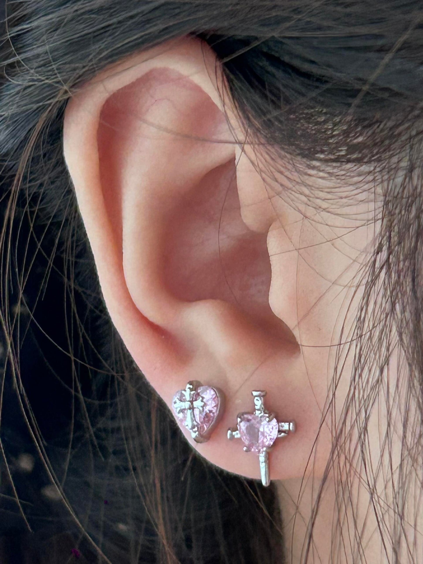 Pink Heart Cross Mismatched Stud Earrings