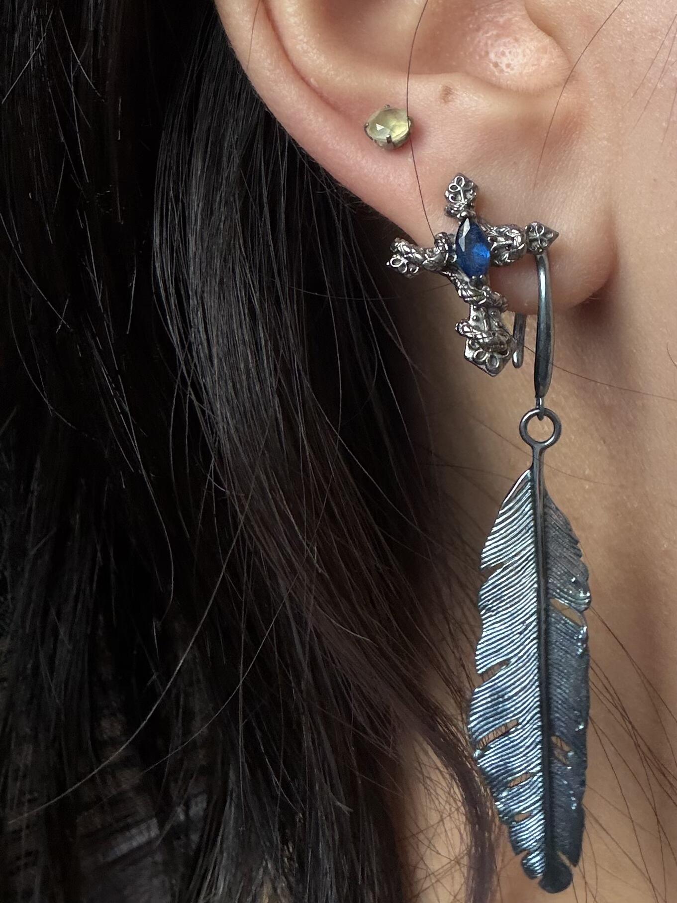 Gothic Cross Feather Drop Earring