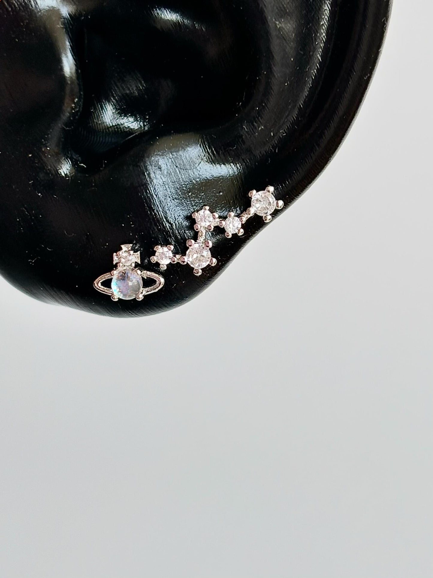 Silver Opal Saturn and Crystal Double Lobe Chain Earring