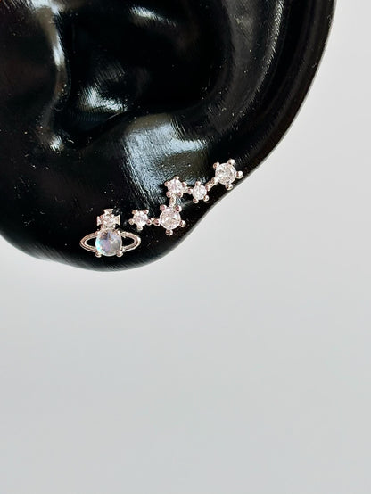 Silver Opal Saturn and Crystal Double Lobe Chain Earring