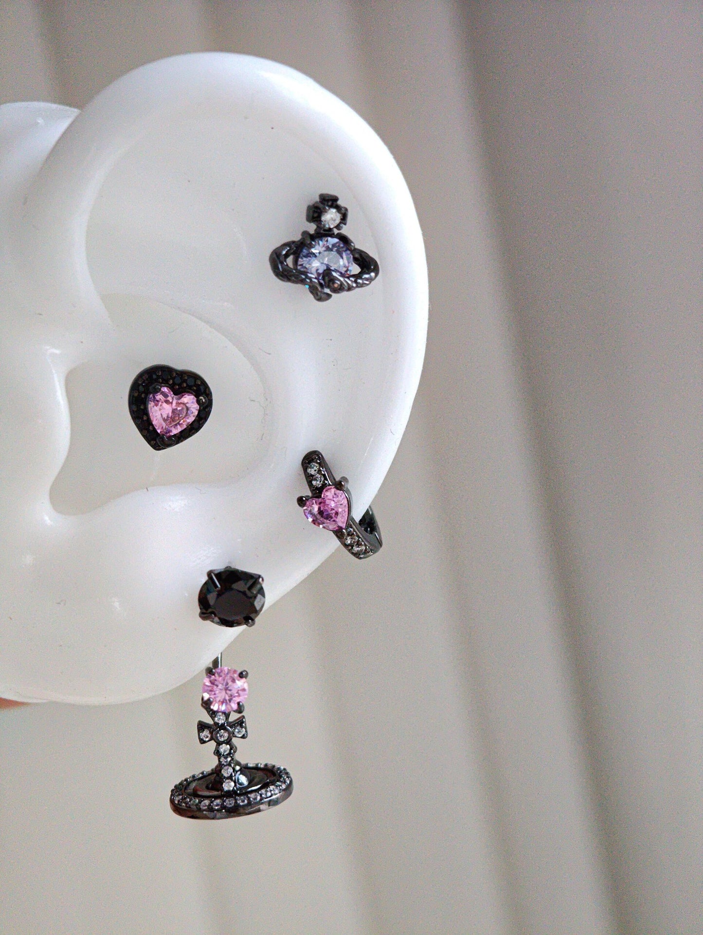 Black and Pink Saturn and Heart Earring Stack Set