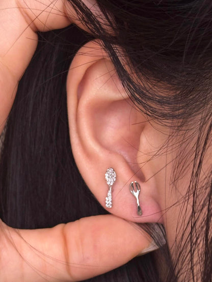 Silver Spoon and Fork Double Lobe Earring Stack