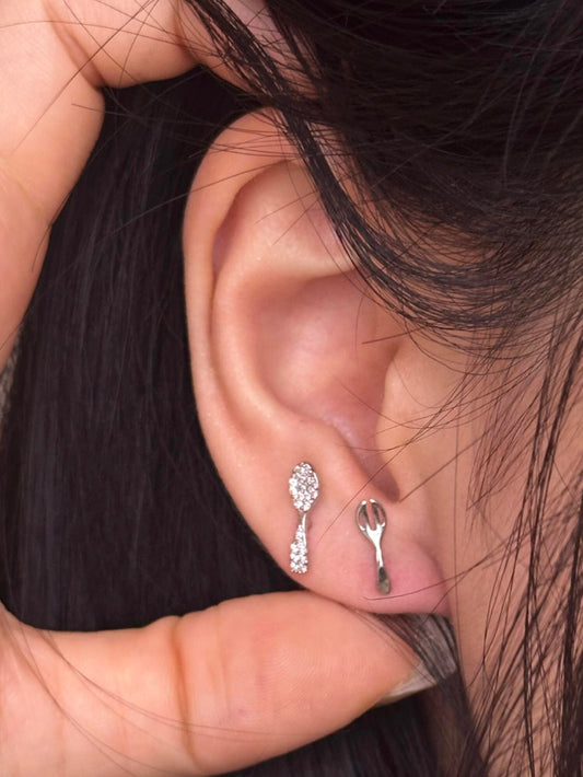 Silver Spoon and Fork Double Lobe Earring Stack