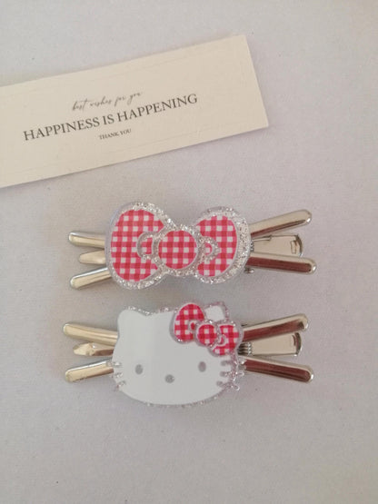 Cute Checkered Bow & Kitty Face Hair Clip