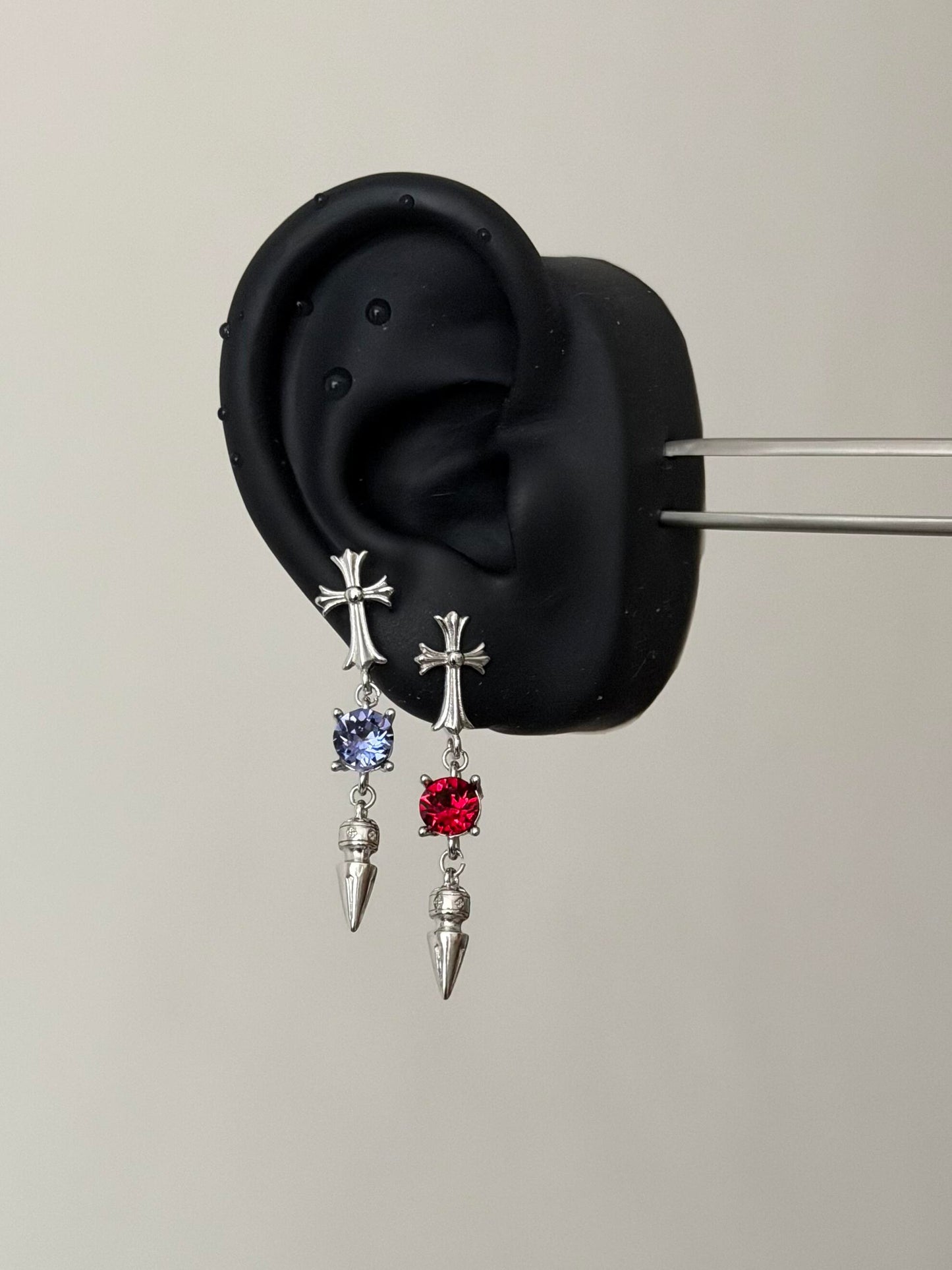 Silver Gothic Cross Crystal Spike Drop Earrings