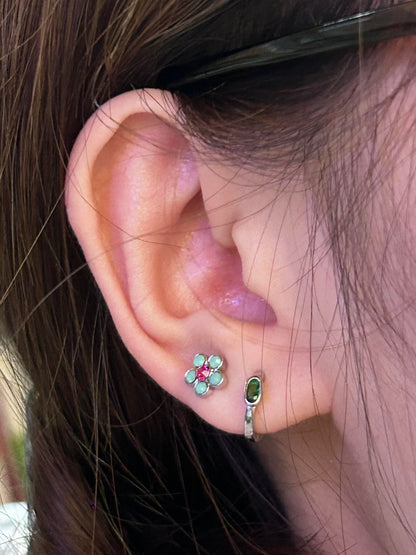 Mint Flower & Green Stone Double Lobe Earring Stack