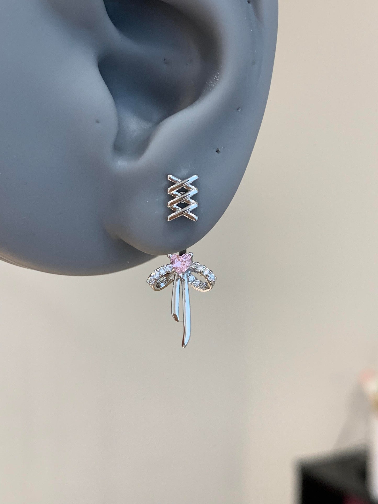 Silver Pink Heart Bow Earring