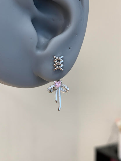 Silver Pink Heart Bow Earring