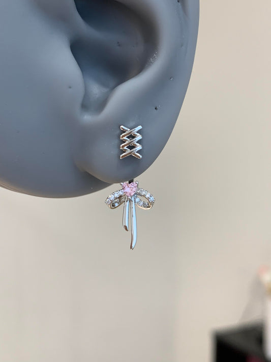 Pixie Pink Heart Bow Earrings