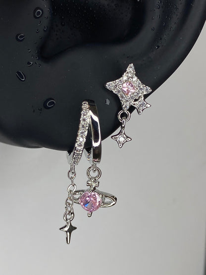 Silver Pink Crystal Planet Double Lobe Earrings