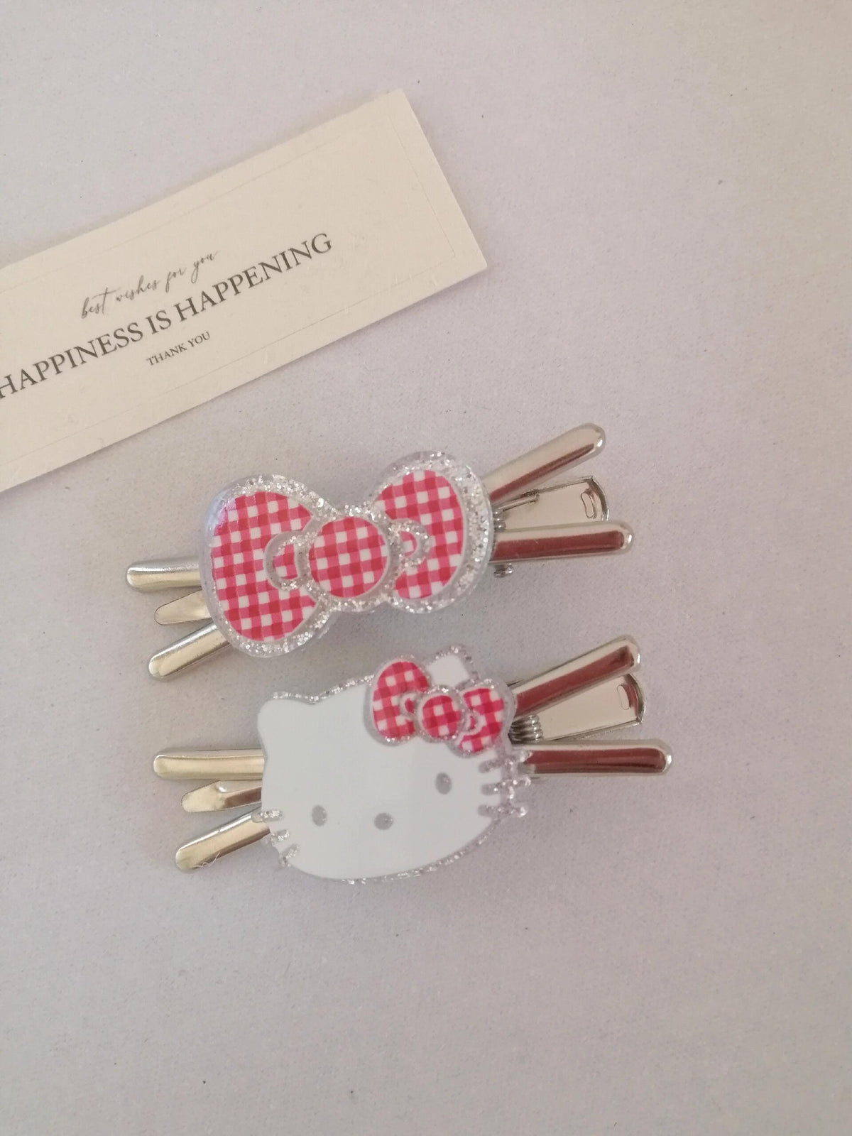 Cute Checkered Bow & Kitty Face Hair Clip