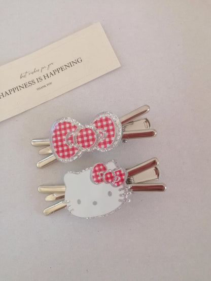 Cute Checkered Bow & Kitty Face Hair Clip