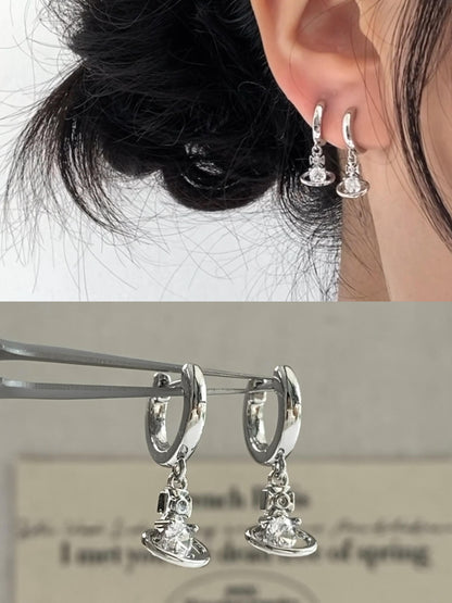 Silver Crystal Saturn Double Lobe Earring Stack