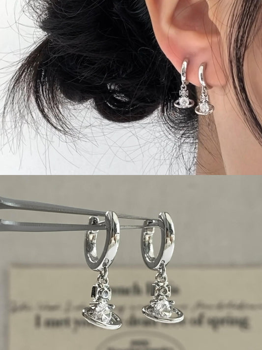 Silver Crystal Saturn Double Lobe Earring Stack